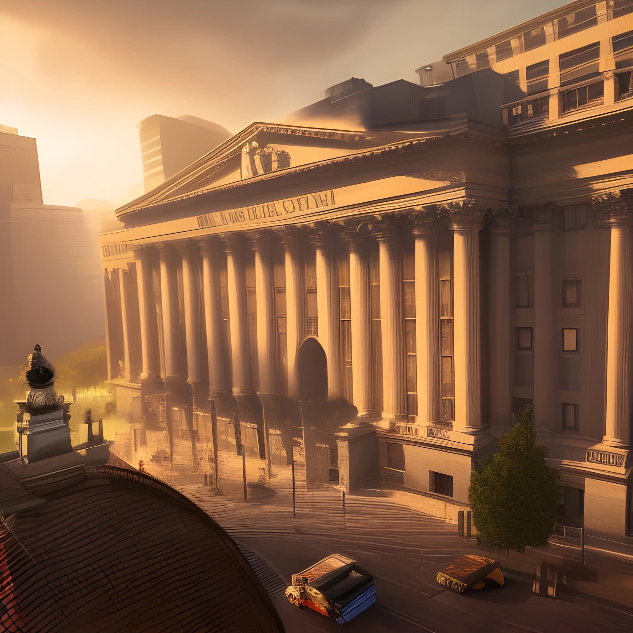 Classical bank building with columns at sunrise